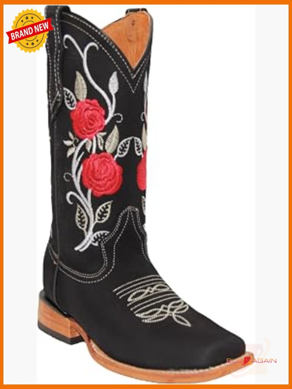Vintage Western Cowboy Boots Embroidered Floral Square Toe Leather Mid-Calf